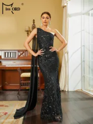 Missord Black Sequin Bodycon Prom Dress Women One Shoulder Sleeveless Chiffon Draped Mermiad Party Dresses Long Evening Gown