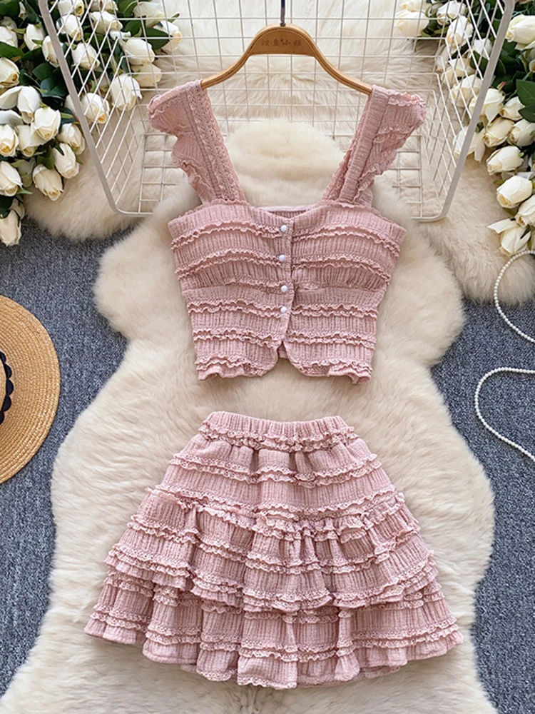

Summer Beach Vacation Tank Top Mini Skirt Set Women's New Dopamine Sweet Sexy Mushroom Edge Tank Top Skirt Two-piece Set C516