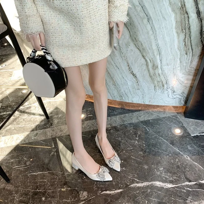 2026 Spring Autumn Black Suede Women's Shoes Pointed Toe Rhinestone Bow Buckle Strap Wedges Heels 3cm Shallow Mouth Ladies Shoes view 6