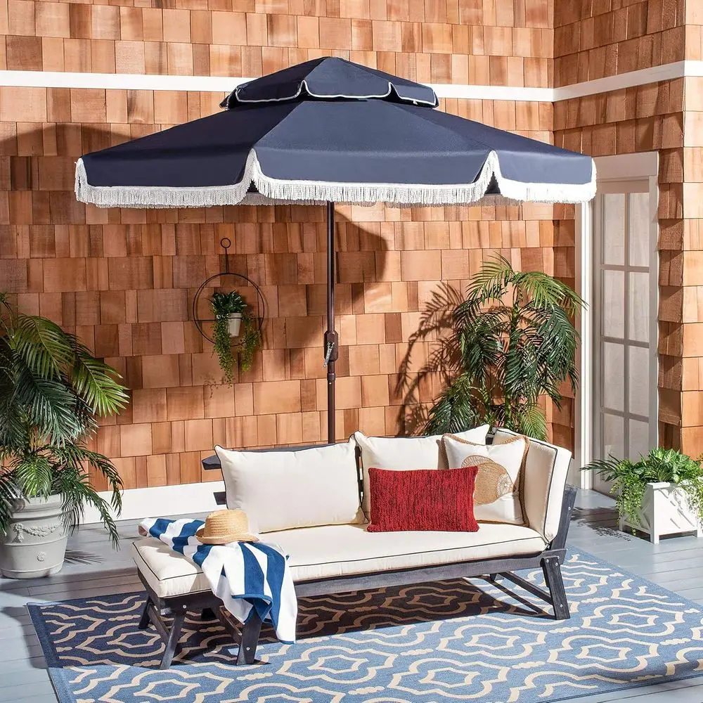 Sombrilla de Patio Redonda de 9 pies con Doble Toldo y Manivela, Azul Marino y Blanco, Protección UV para Terraza o Piscina