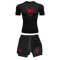 Men's Workout Compression Set Y2K Spider Printed Gym Tshirts Breathable Running Shorts Quick Dry Sports Rash Guard Sportwear Set