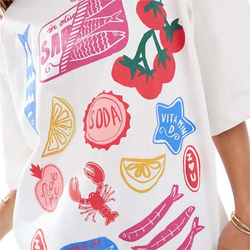 Camiseta de algodón con cuello redondo para mujer, blusa de manga corta con estampado gráfico, camiseta informal cómoda