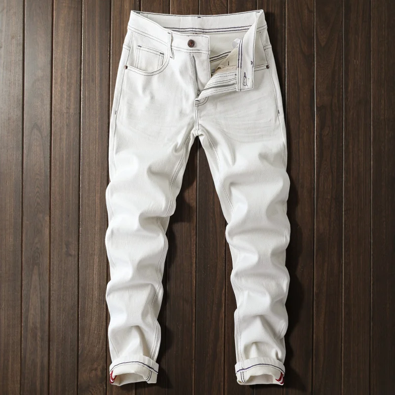 2025年新作 ホワイトジーンズ メンズ 秋 カジュアル トレンド ストレッチ スモールストレート ハイエンドパンツ