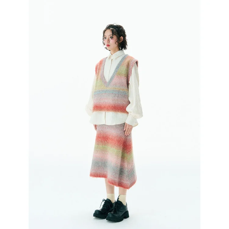 Korobov Y2k Rainbow Stripe Sleeveless Vneck Vest Knit Half Skirt Gradients Color Female Two Piece Set Vintage Fall Outfits Women