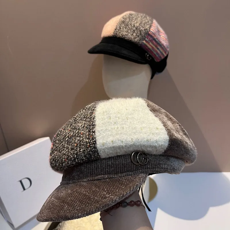 

​​2025 Corduroy Peaked Cap Women Houndstooth Wool Blend Chunky Knit Painter Hat Korean Style Winter Warm Free Shipping​​