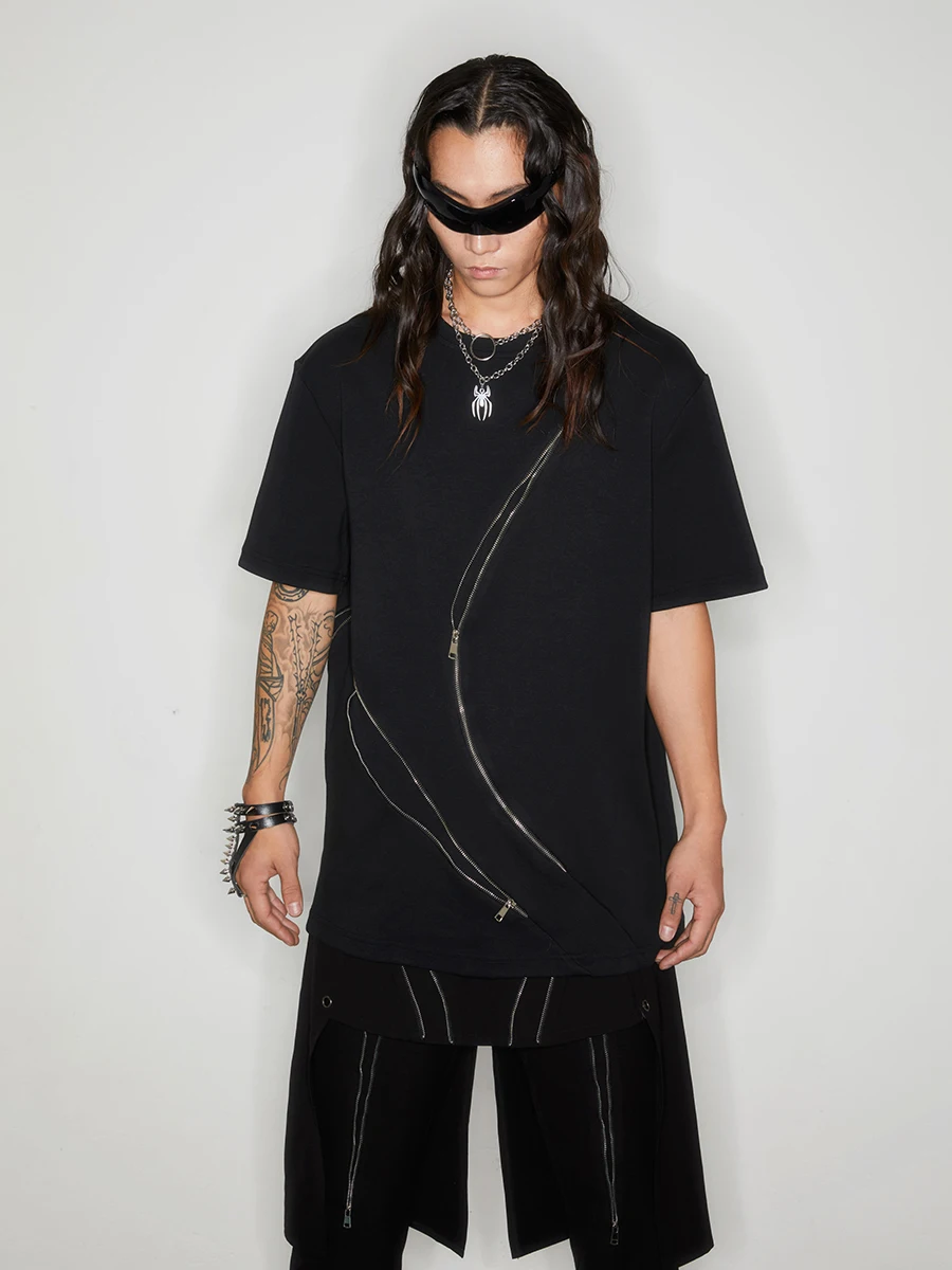 

KADAKADA Original Millennial Dark Pioneer Zipper Deconstructed Heavy Street Short Sleeve T-Shirt Youth Fashion Summer Loose Fit