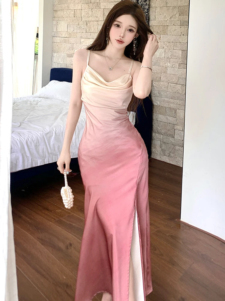 Verão gradiente rosa acetato cetim estilingue vestido longo feminino coreano vintage vestido de noite de luxo 2025 novo elegante bodycon vestidos
