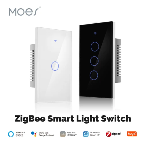 MOES-interruptor de luz Tuya ZigBee, Panel de cristal táctil, cable neutro ignífugo, requiere Control remoto, funciona con Alexa y Google Home