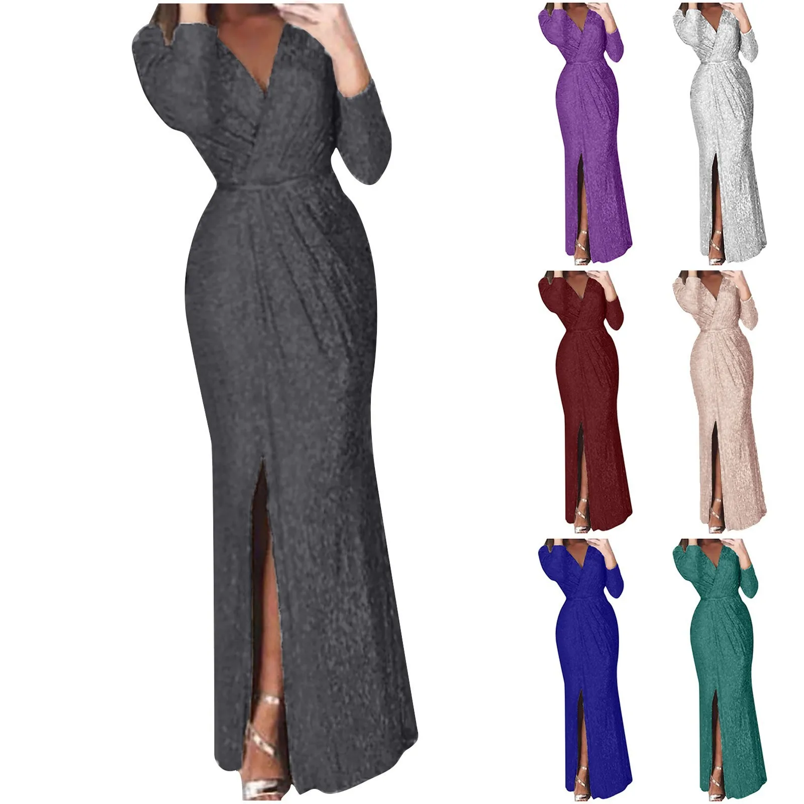 Women'S Sexy Deep V Side Slit Evening Dress Women'S Fashion Solid Color Lace Mesh Tulle Sexy Evening Dress Ropa De Mujer