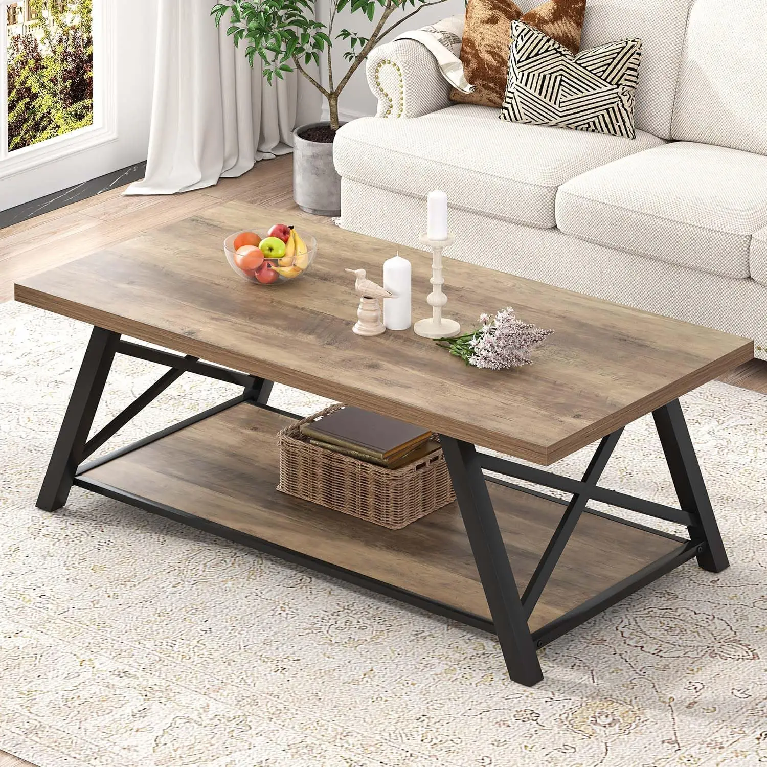 Modern Industrial Coffee Table, Rectangle Living Room Center Table With Storage Shelf For Home Office Reception Area, Wood Metal Cocktail Tea Accent Furniture, Rustic Oak, One Piece