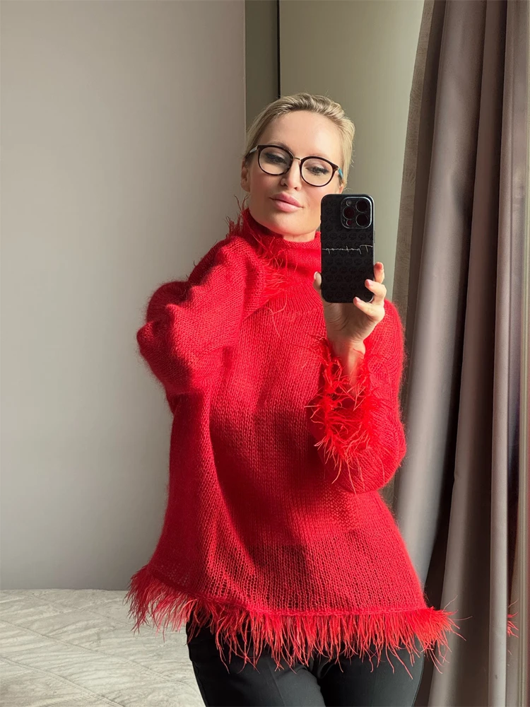 Turtleneck Fringe Trim Knit Pullover For Women Long Sleeve Loose Semi Sheer Soft Sweater New Elegant Casual Party Daily Top