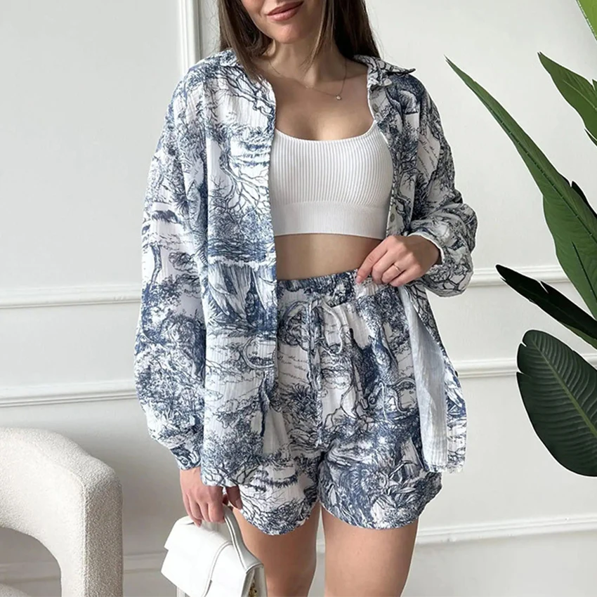 Autumn New 100% Cotton Printing Comfortable Long-sleeved Shorts Pajamas 2Pcs Lingerie Sleepwear Women\'s Cotton Pyjama Nightwear