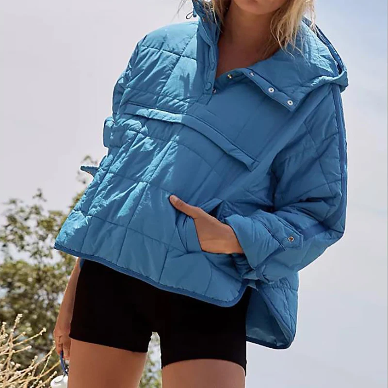 Autumn Winter Solid Color Padded Jacket For Women Fashion Pockets Long Sleeves Hooded Pullovers Japanese And Korean Casual Coats