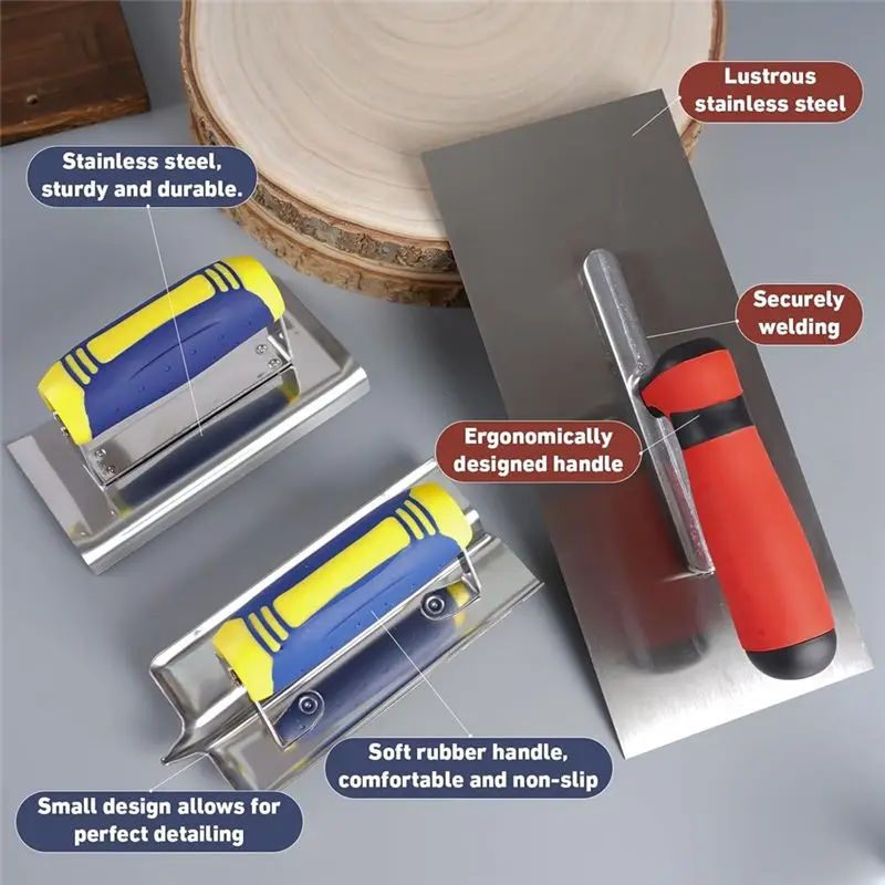 A20F-3 Pack Sainless Steel Concrete Tools Set, Flat Finishing Trowel Concrete Hand Edger And Groover With Soft Grip