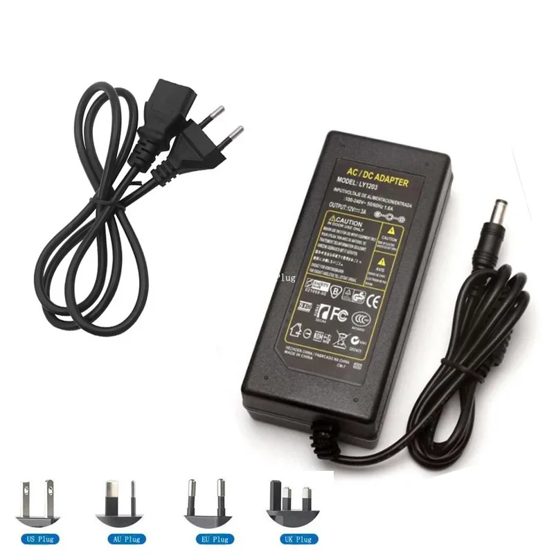 Transformador de carregador AC, Fonte de alimentação para tira LED, Lamp Tape Converter, EUA, UE, Reino Unido, AU, 12V, 5A, 60W, DC 5.5x2.1mm