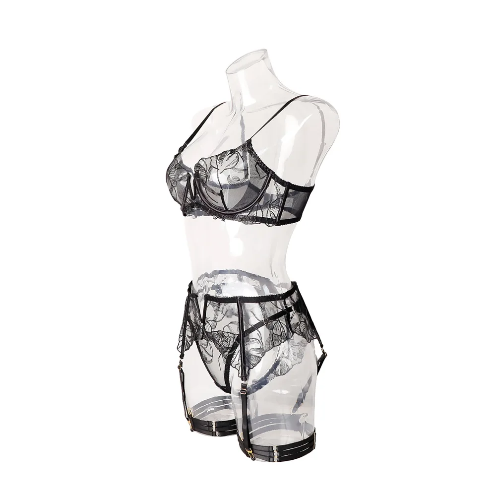 Conjunto de Lencería Femenina Toucheart con Bordado Floral, Sujetador Push-Up de Encaje, Liguero, Faja Reductora, Tanga, Guantes, Ropa Interior Sexy y Atractiva