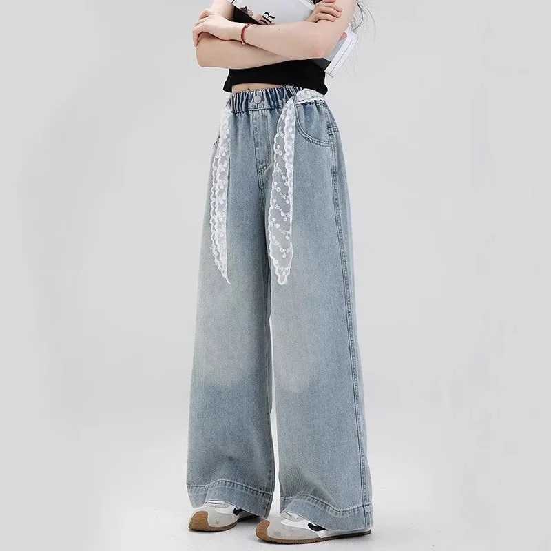 Girls' Spring 2026 Fashion Elegant Kids Wide Leg Jeans With Lace Belt Children Casual Denim Pants Teens High Quality Straight