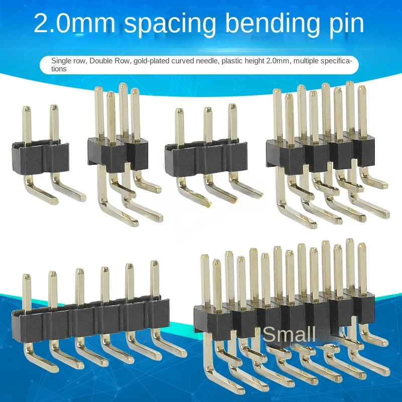50pcs 2.0mm Pitch Pin Header Single Row Double Row 90 Degree Curved Needle Copper Foot Pin 2*2P/3P/4P/5P/6P/7P/8P/12P
