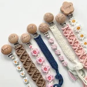 

Personalized Macrame Pacifier Clip, Engraved Wood, Binky Clip, Baby Shower Gift, Boho Baby Toys