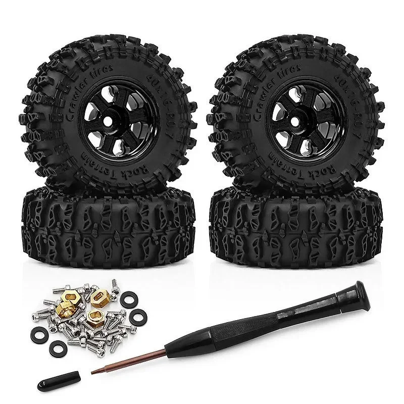4PCS 40mm 0.7 Inch Metal Beadlock Wheels and Tires Set For 1/30 RC Crawler Car SCX30 Ascent-32 Upgrade Parts Accessories