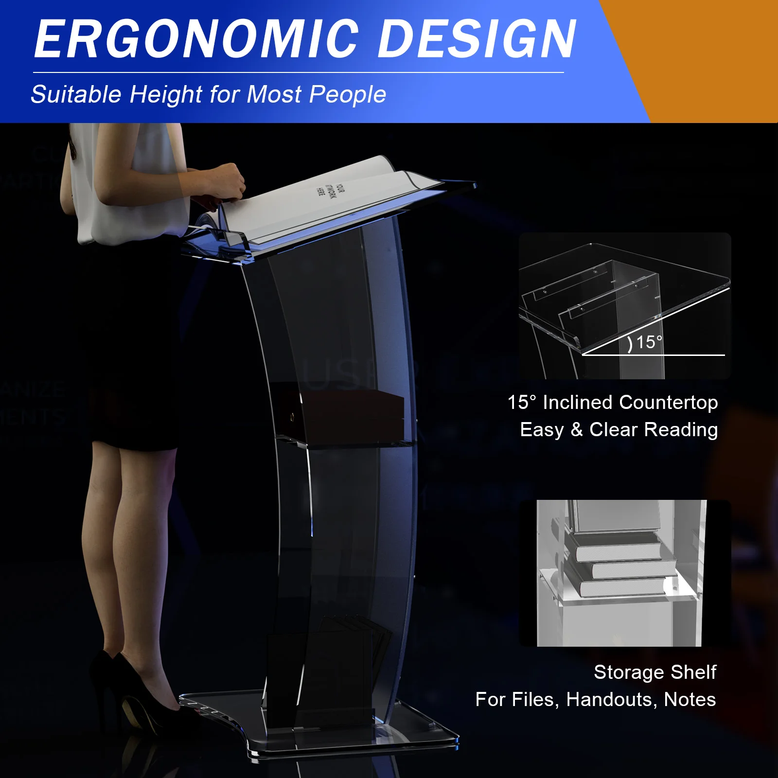 อะคริลิคใส Podium Plexiglass Pulpit School Conference Church Curve Lectern