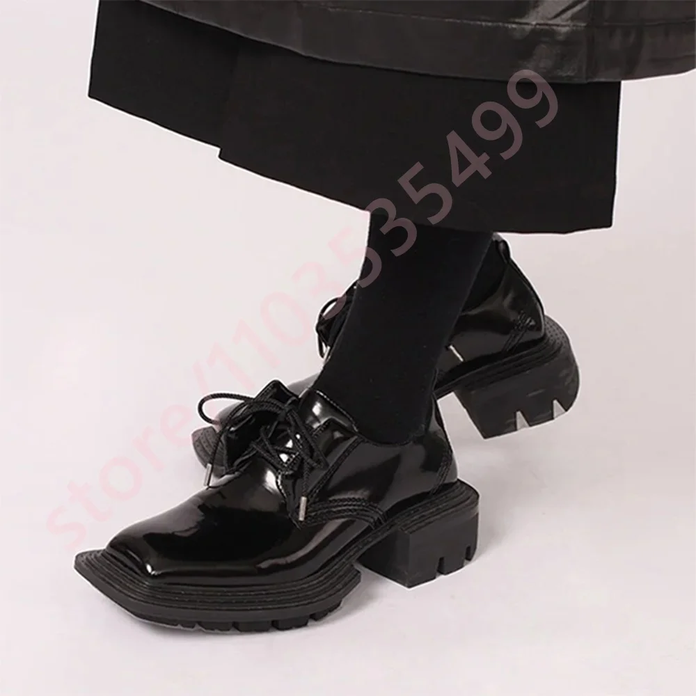 

Black Square British Style Thick Heel Leather Shoes 2025 Thick Sole New Street Fashion Women's Pumps Casual Lace-Up Derby Shoes