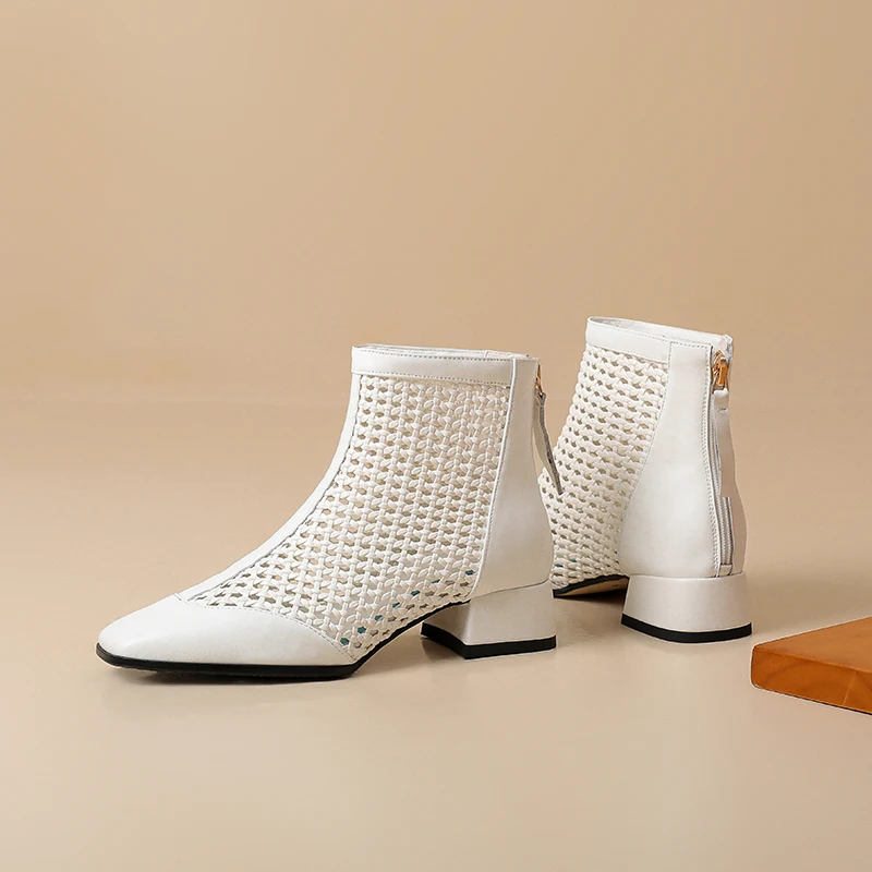 

US 5-13Size Genuine Leather Cowhide Women's Sandals,Hollow Out Breathable Summer Mesh ﻿Ankle boots,Fashion Heels Womens Shoes