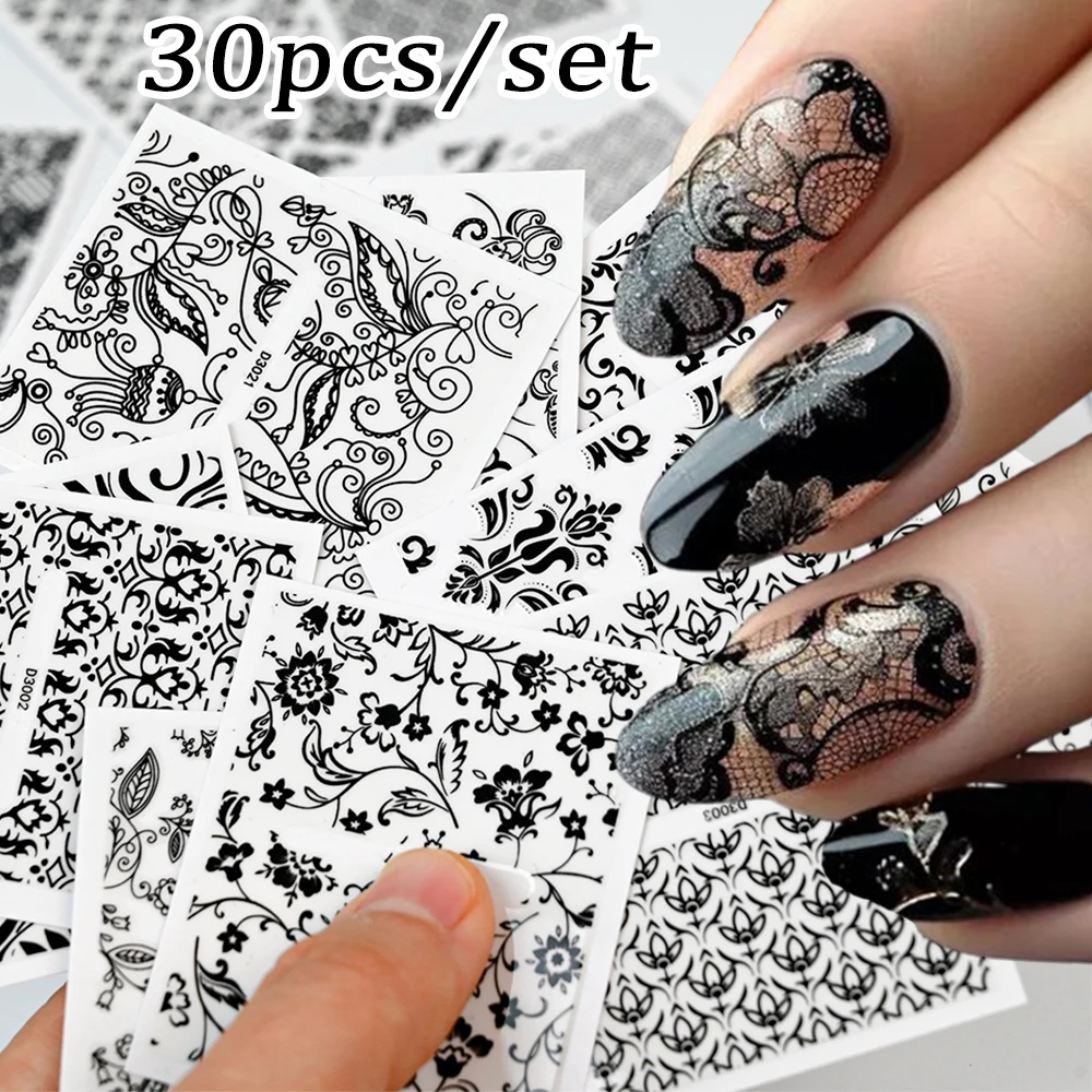 30pcs Black Lace Flower Geometric Nail Art Stickers Rose/Bellflower/Vine Lace Flower Sliders 6X5cm Hollow Lace Floral Nail Decal