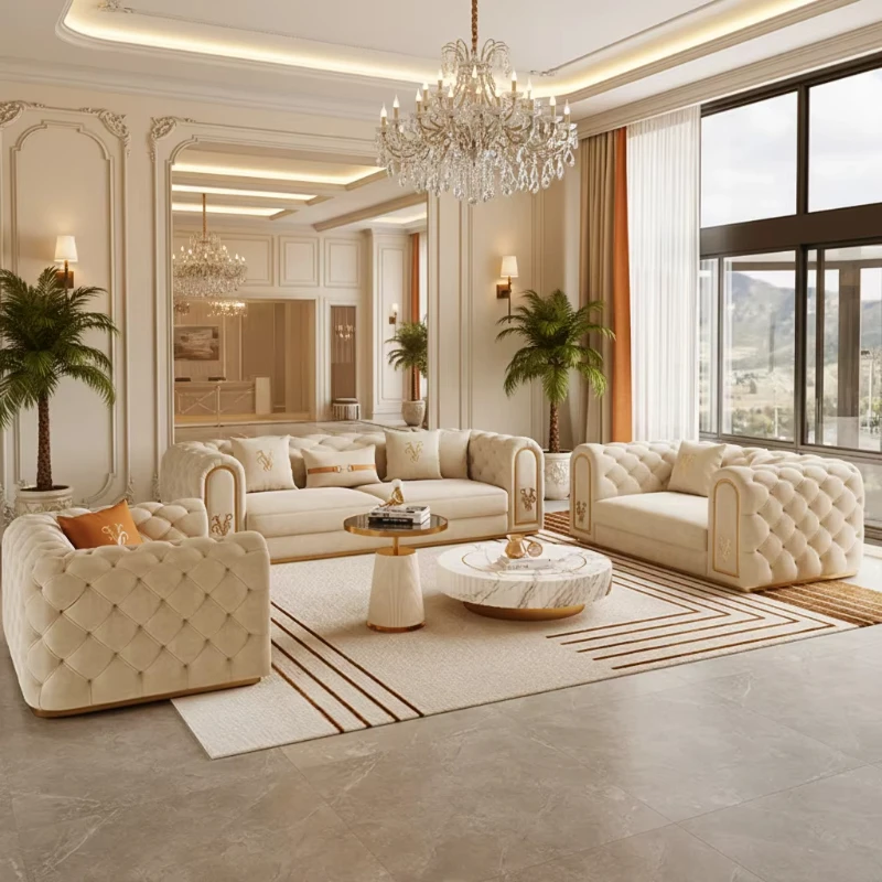 Italian style luxury leather sofa set villa modern living room button tufted  set elegant