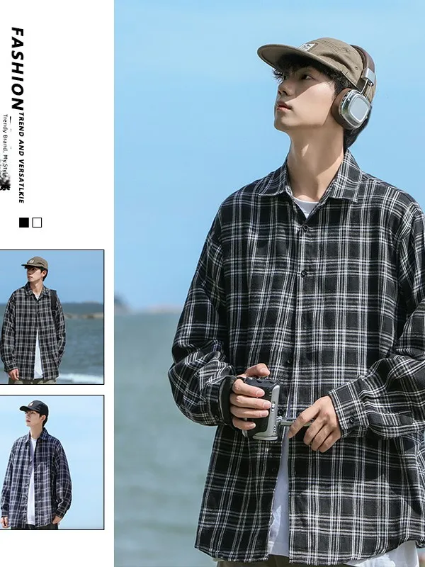 

Retro Plaid Men's Shirt Loose Long Sleeve Turn-down Collar Casual Fashionable Top Polyester Cotton Blend Breathable