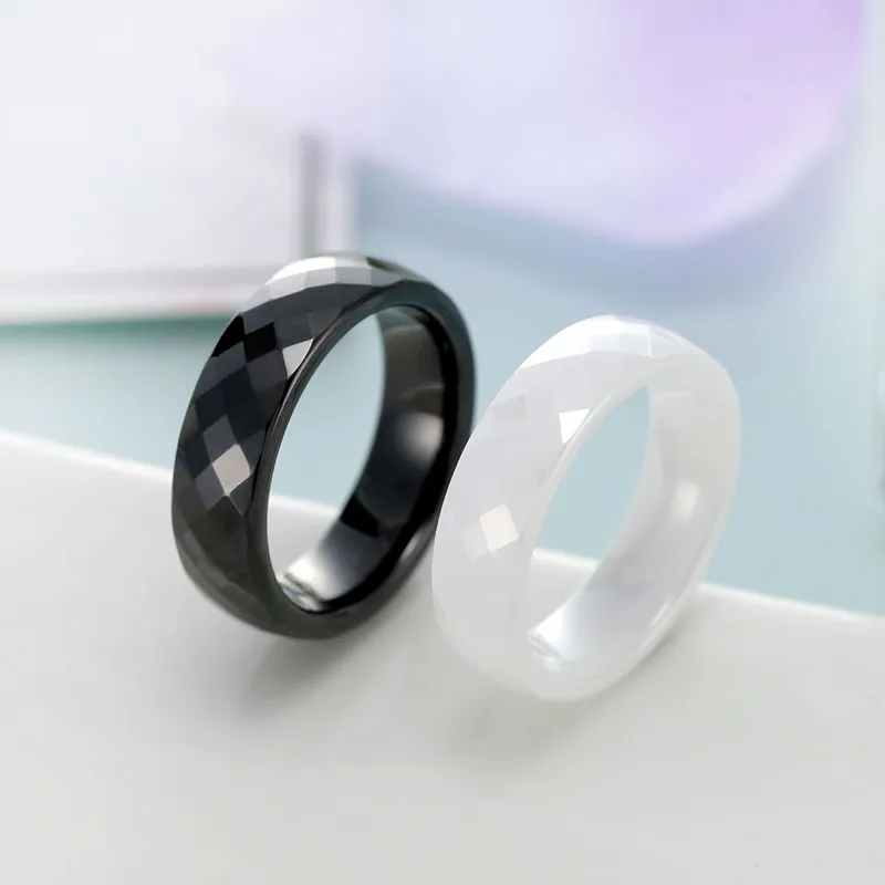 6mm White/Black Faceted Ceramic Ring Wedding Band for Women Men Size 5-12