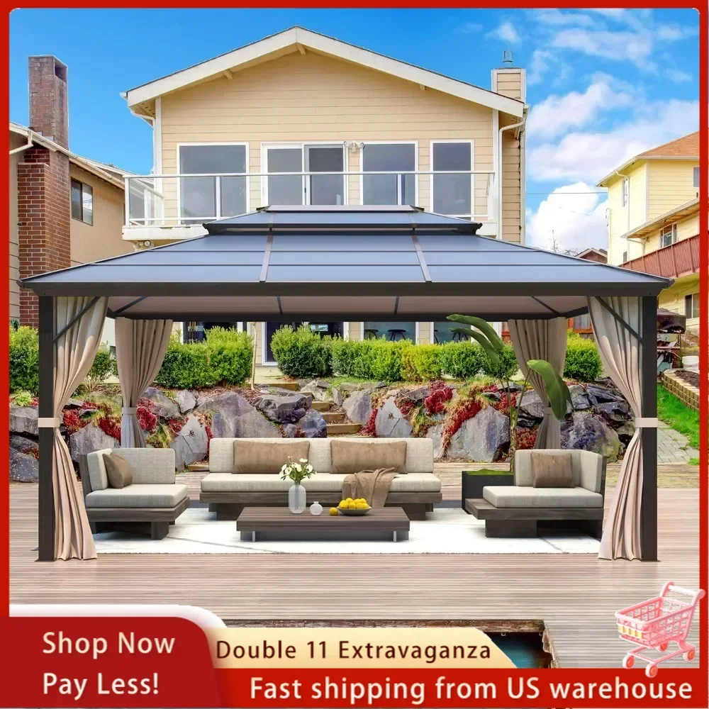 

10'x13' Gazebo Polycarbonate Double Roof Canopy Outdoor Aluminum Frame Pergolas with Netting Curtains for Garden Patio Lawns