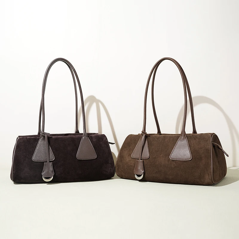 Unique French Minimalist Triangle Suede Leather Single Shoulder Pillow Bag New Boston Handbag Fashion Women Handheld Tote Bag