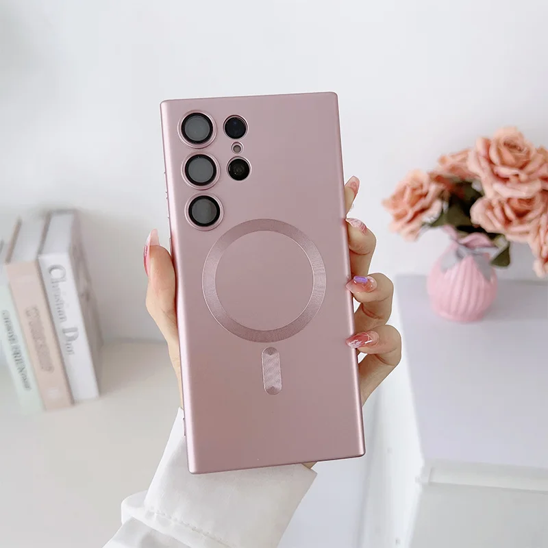 

Роскошные металлические магнитные чехлы Magsafe для Samsung Galaxy S25 S24 S23 S22 Ultra Plus, защита объектива, матовые силиконовые чехлы