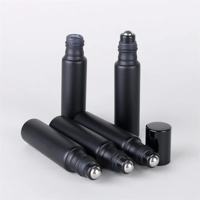 

200pcs 10ml Empty Mini Refillable Matte Black Glass Roller Refillable Essential Oil Bottle With Alloy Roller Ball