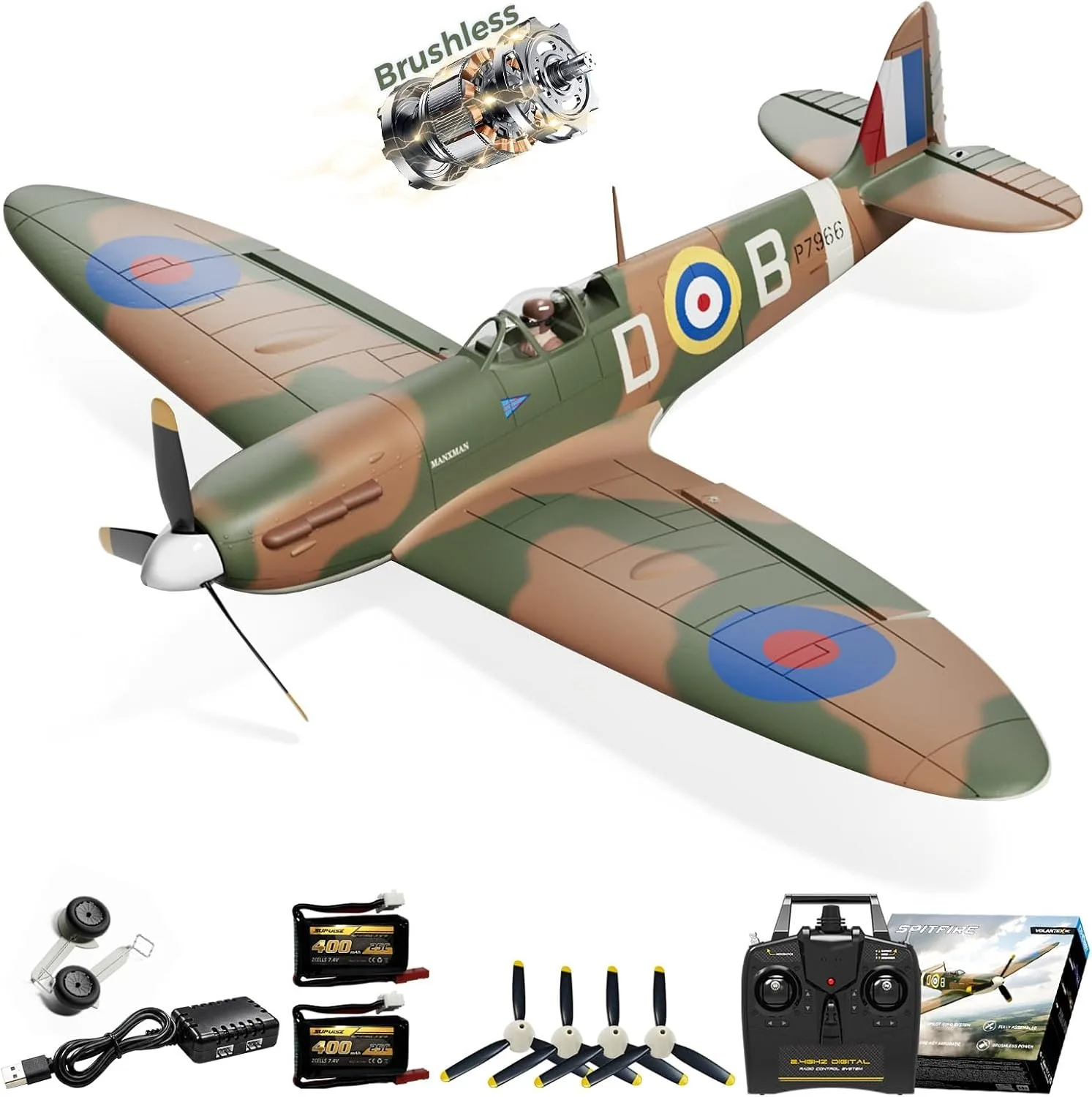 Brushless RC Plane VOLANTEXR Spitfire 500mm (19') – 4CH RTF Remote Control Airplane with 6-Axis Gyro & XPilot Stabilizer, 3 Flight Modes & Aerobatics for Adults