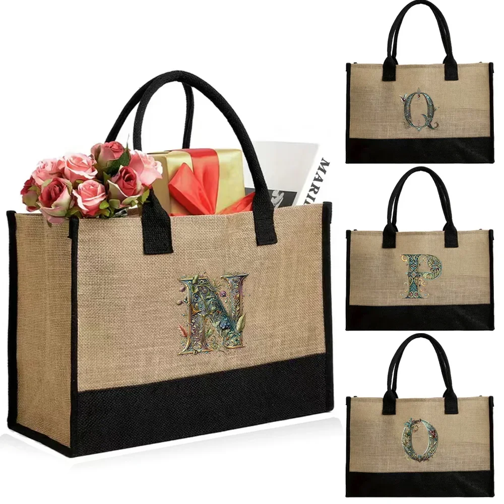 Tote Bag Reusable Jute Shopping Bag Portable Beach Shoulder Bags Casual Large Capacity Handbag Printing Graphic Letter Series