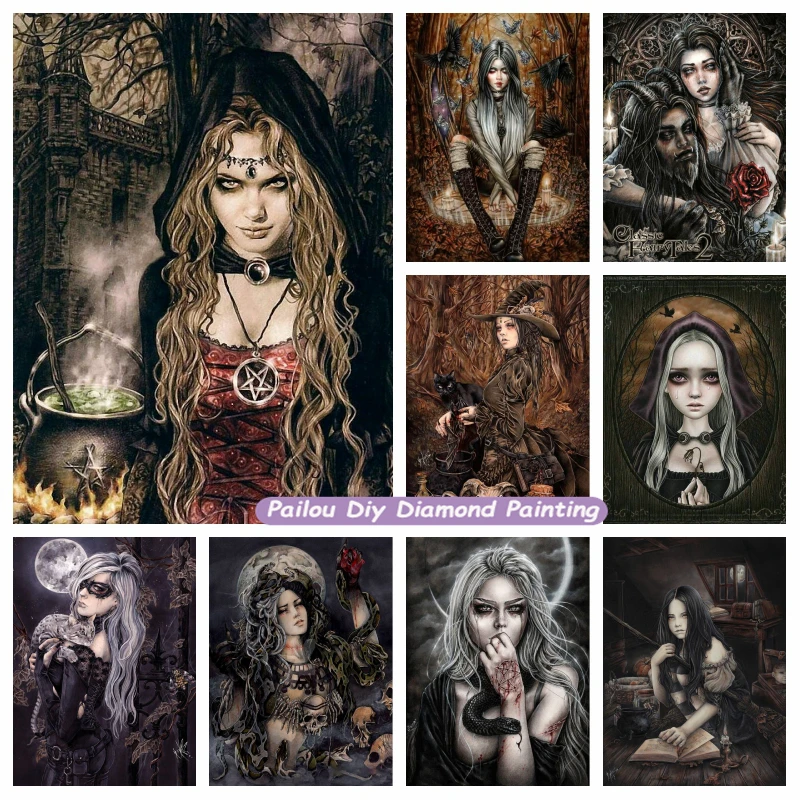 

Halloween Witch Girl Diamond Painting Crystal Cross Stitch Gothic Horror Angels Dark Art Full Square Drills Handcraft Home Decor