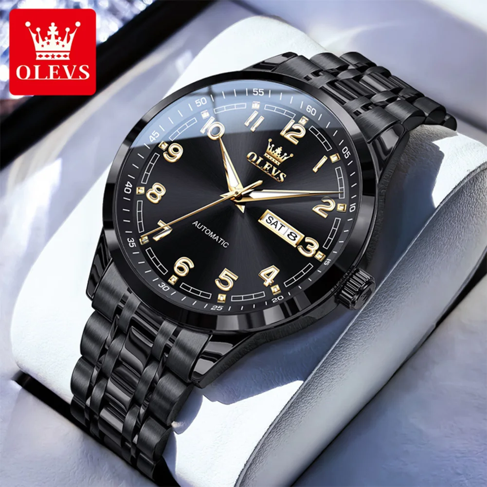 

OLEVS новые автоматические часы из нержавеющей стали, водонепроницаемые часы с двойным календарем, роскошные брендовые оригинальные механические наручные часы для мужчин