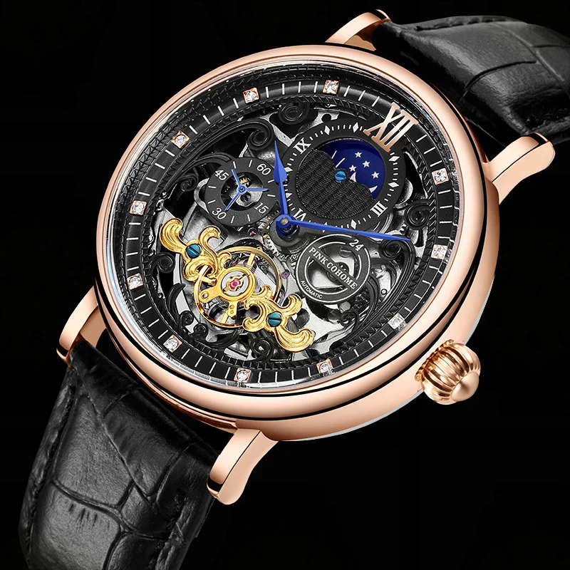 

Tourbillon Skeleton Watch Automatic Men Mechanical Wristwatch Big Size Timepiece Male Luxury Chronograph Moon Phase Clock Uhr