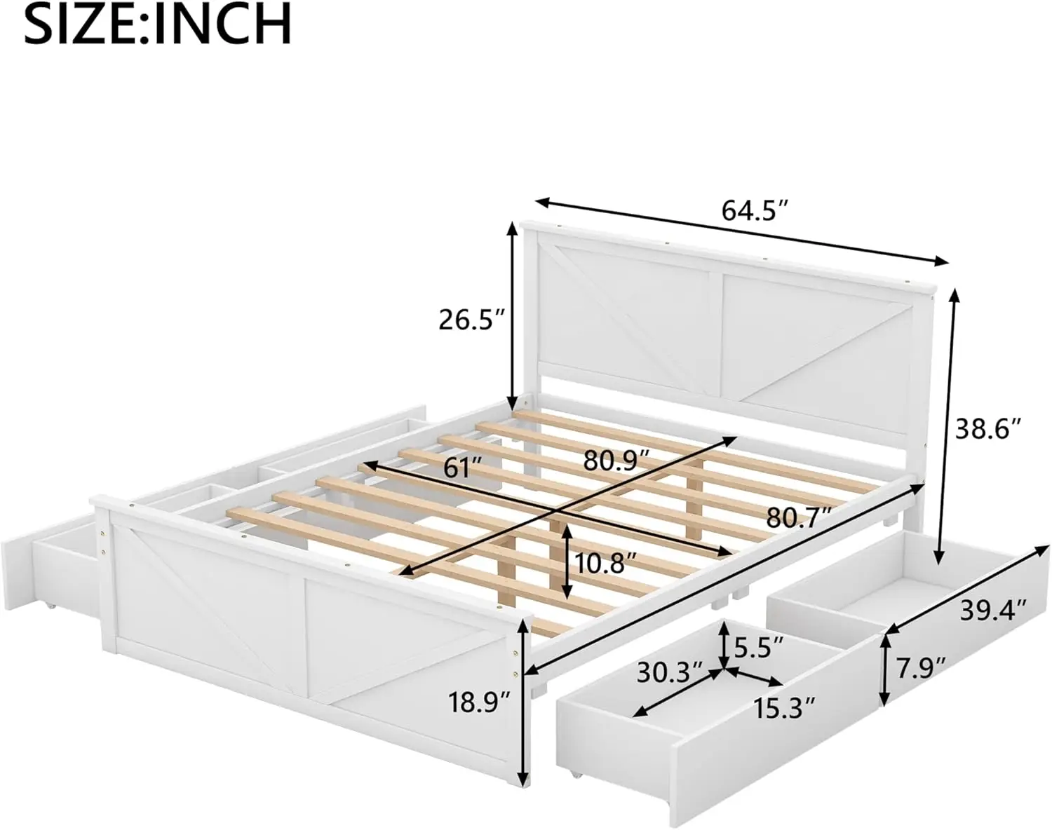 

Storage Drawers Headboard Footboard for Bedroom Apartment No Box Spring Required No Noise Strong Wood Slat Support Easy