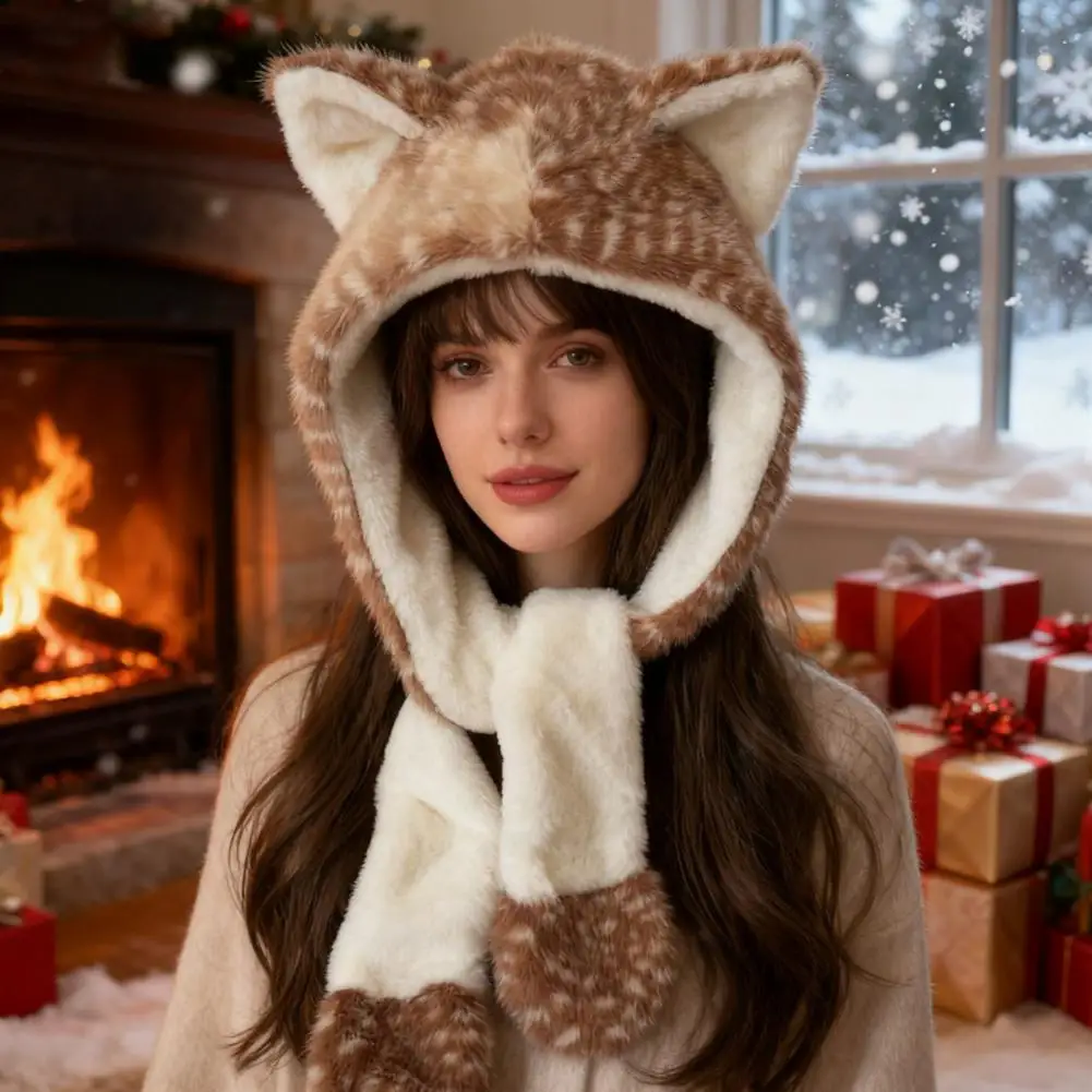 Anime Ear Hat Winter Hat with Ear Flaps Scarf Cartoon Deer Design Headwear Ear Protection for Skiing Camping Outdoor Travel