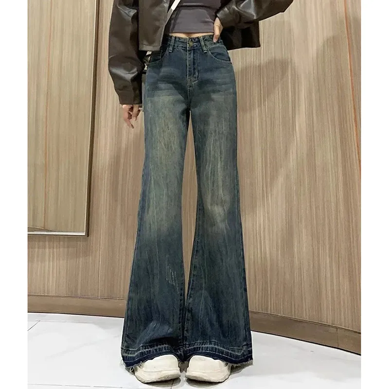 

Американские женские расклешенные джинсовые брюки в стиле ретро, весенне-осенние сезоны, большие размеры, женские свободные широкие джинсы с высокой талией