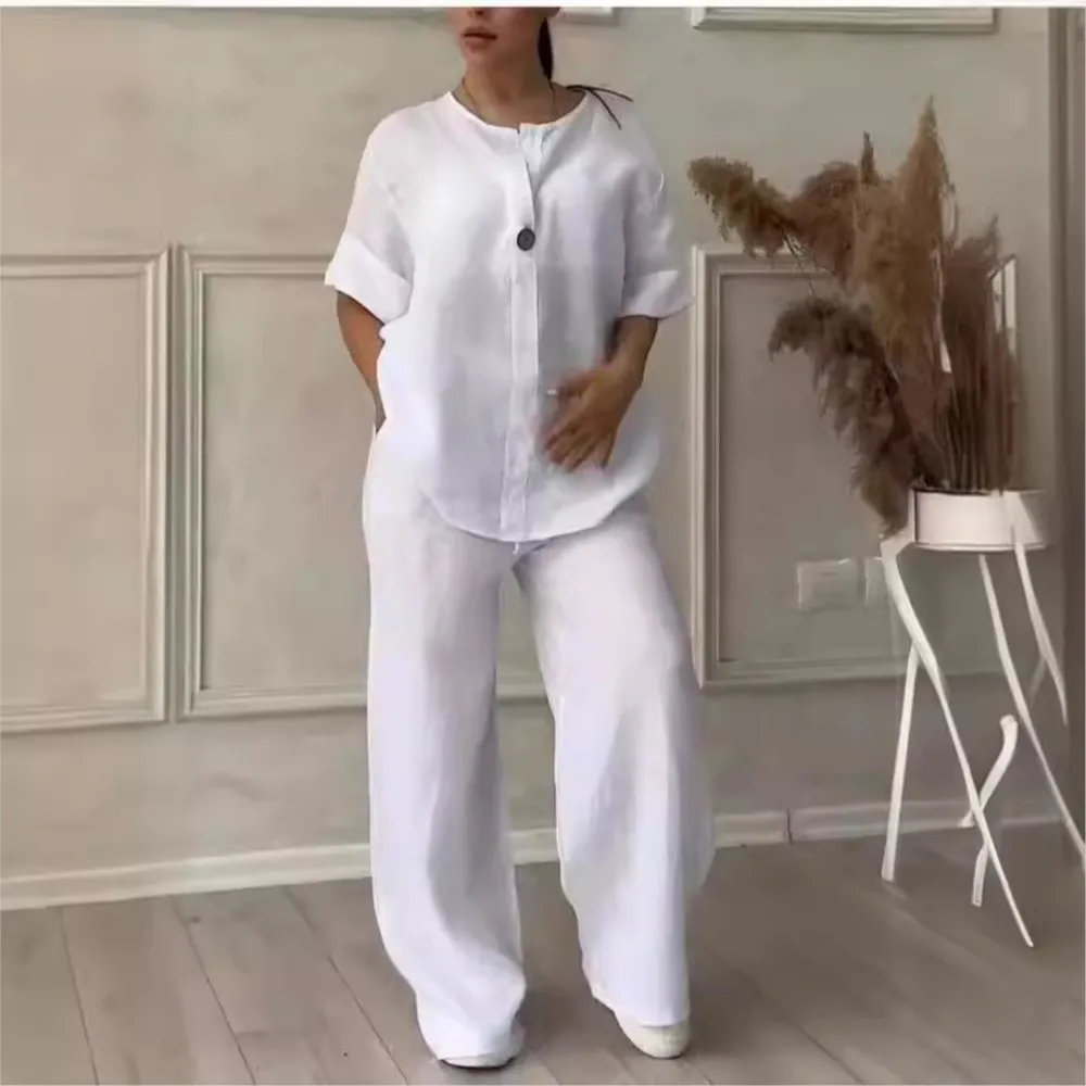 Camicia da donna in cotone e lino a maniche lunghe con scollo a O alla moda, primavera autunno, pantaloni tascabili casual in tinta unita, set da 2