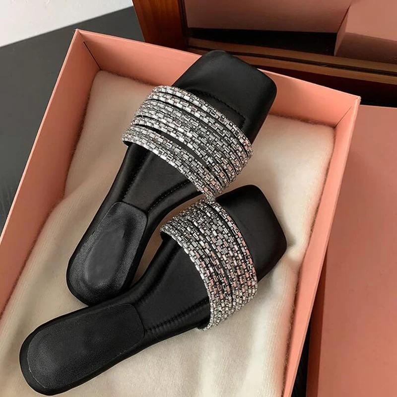 Luxury Design Shiny Crystal Women Slippers Flats Shoes Outdoor Wear Open Toe  Thin High Heel Slides Glitter Flip Flops Females