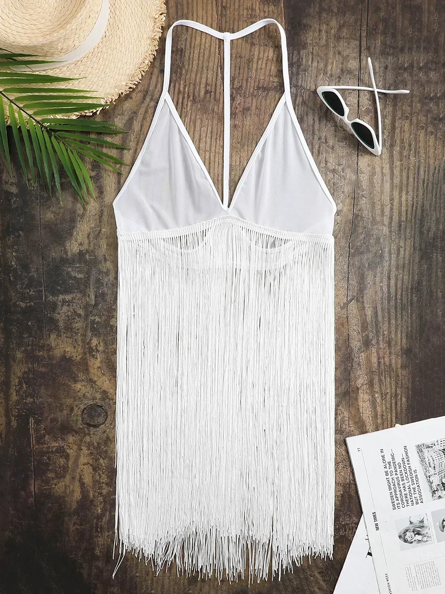 เซ็กซี่ Fringe พู่ V คอโครเชต์ถักเสื้อชายหาดว่ายน้ํา COVER-UPS ชุดชายหาดชายหาดสวมชุดว่ายน้ําสําหรับสตรี