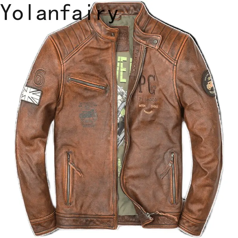 

YOLANFAIRY Мужская модная винтажная куртка из натуральной кожи, 100% коровья кожа высшего слоя, короткая приталенная куртка из натуральной кожи