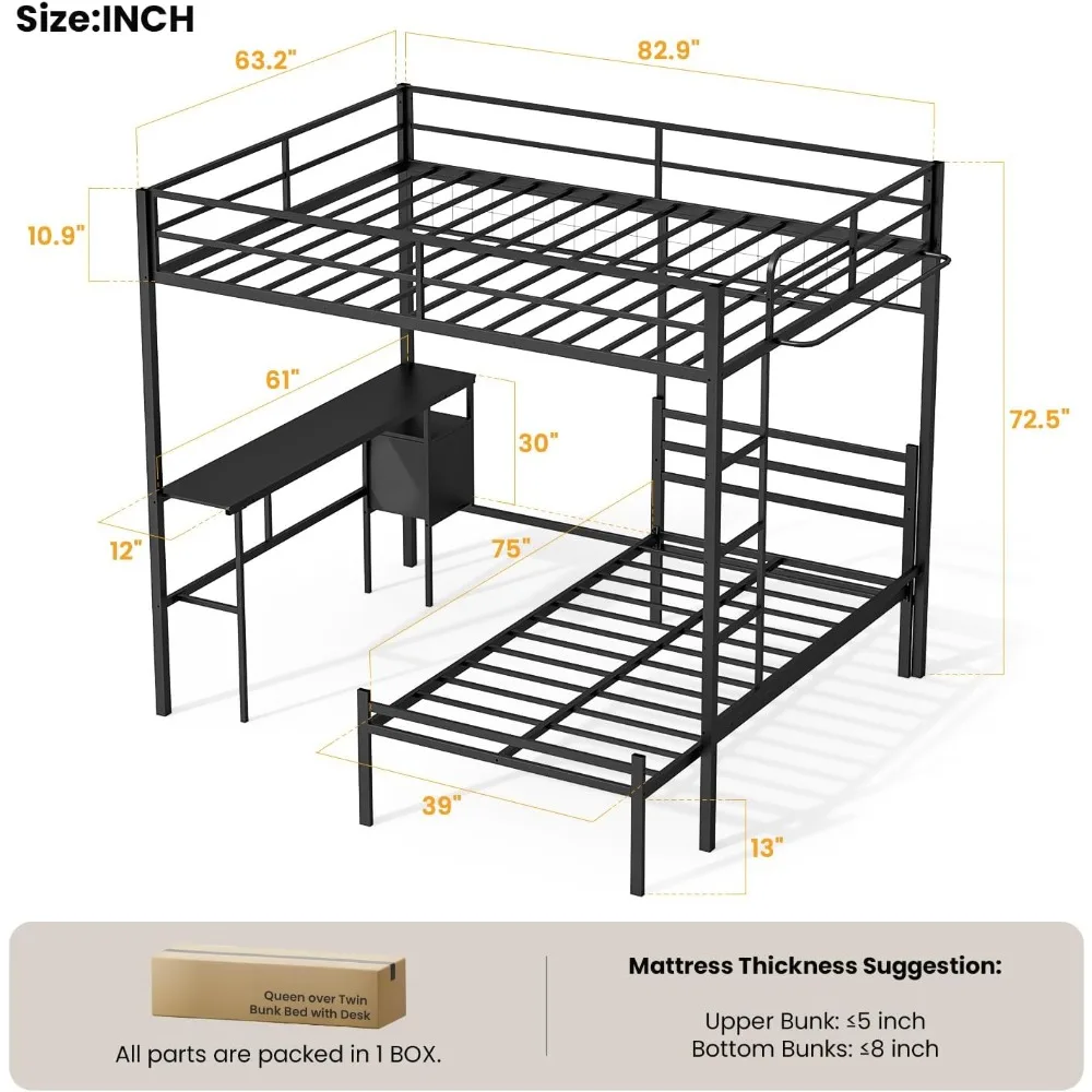 سرير بطابقين مزدوج على شكل حرف L مع مكتب وتخزين - سرير علوي قابل للفصل مع أدراج ورفوف، يخلق مكتبًا منزليًا واسعًا