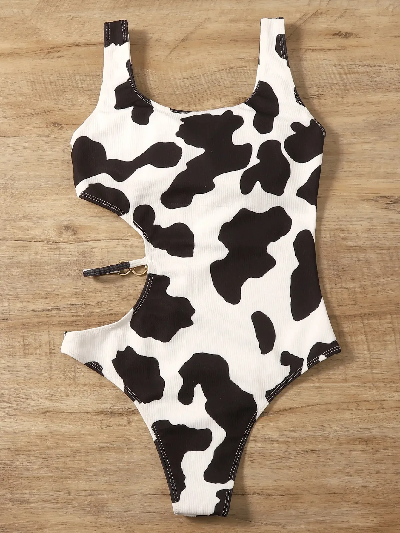 2025 Cow Print Rib Cut-out One Piece Swimsuit Ring Link Swimwear Women Bathing Suit Female Swimming Summer Beachwear Bodysuit