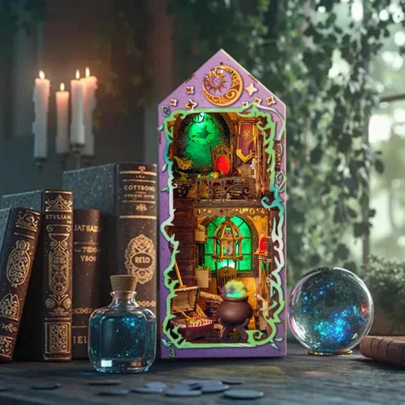 

New DIY Retro Wooden Book Nook Figurines Miniatures Kits Mystical Theurge Hut Bookshelf Decor for Adults Handmade Gifts